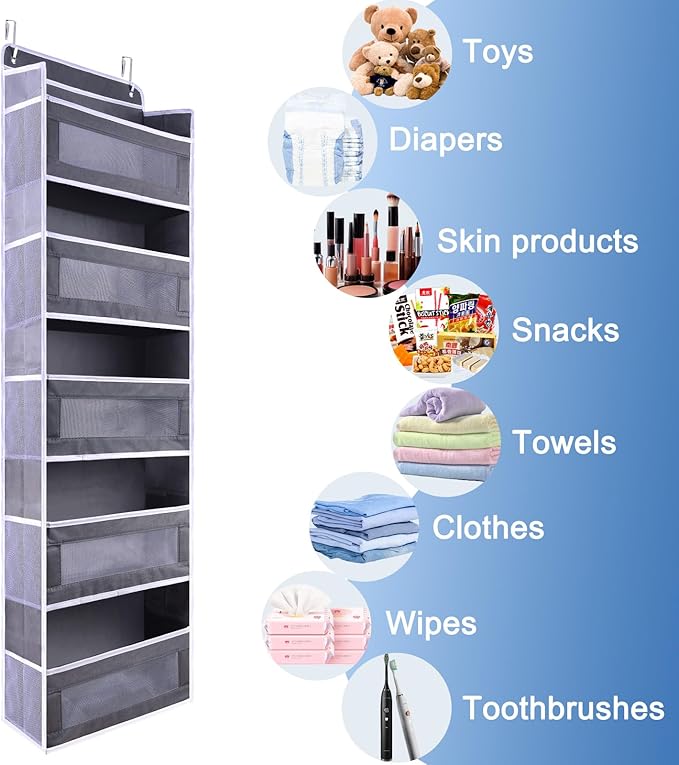 ANHUXINLEI Over The Door Organizer Storage, 5 Large Capacity Pockets & 5 Side Pockets, Anti Tilt 44 lb Load Behind Door Storage for Bedroom, Bathroom, Pantry, Nursery (Dark grey)