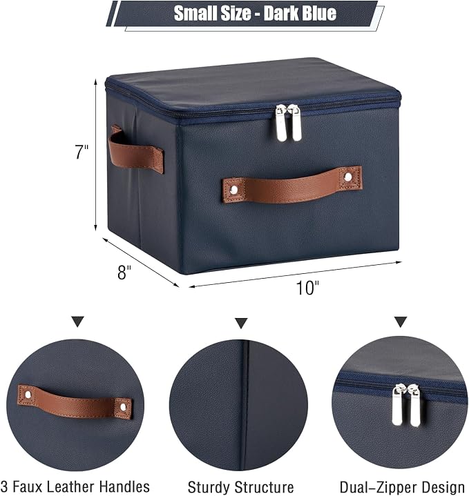 Storage Bins with Zipper Lid PU leather Storage Boxes Leather Fabric Collapsible Lidded Baskets Cube with Handle Decorative Shelves Closet Office Organizer Container(Dark Blue, Small Size)