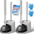 FORASTO 2Pack 3in1 Toilet Brush and Plunger Set - Bathroom Bowl Holder Kit | 21", Cleaning Gloves, Heavy Duty Rubber Toilet Bowl Cleaner, Apartment Must Haves Bathroom Decor Accessories, Dark Grey
