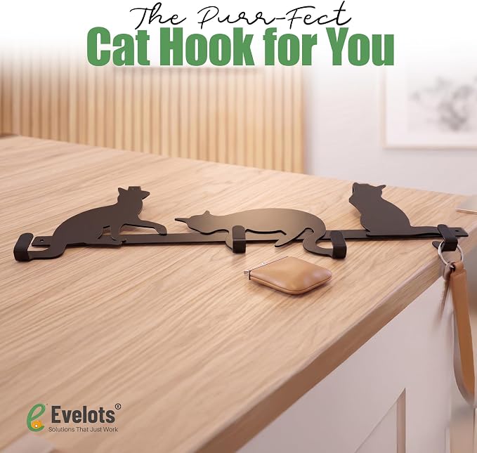 Evelots Over The Door 4 Hook Towel/Coat Rack Hanger Organizer, Kitty Cat Design-Easy No Tool Installation-Black Iron-Holds 20 lbs.