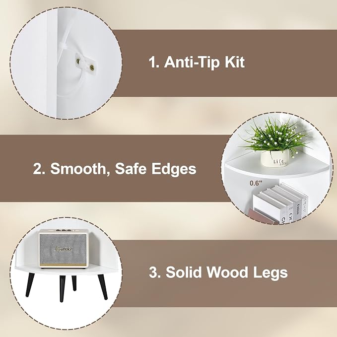 VECELO 5-Tier Curved Corner Shelf, 66.93" Tall Freestanding Corner Bookshelf, Wood Grain Narrow Corner Storage Display Rack with Wooden Legs for Living Room Bedroom Small Space, White