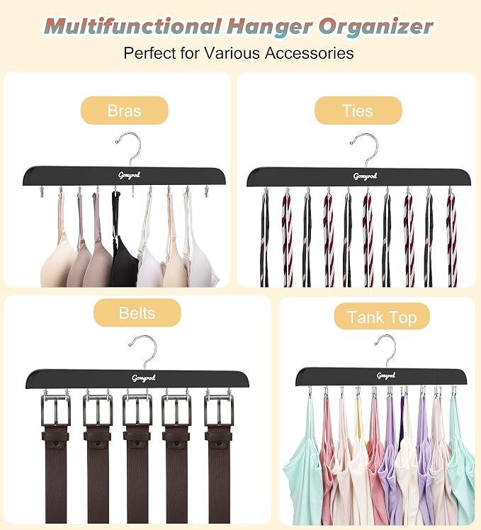Gomyrod Tank Top Hanger, 2 Pack w/40 Hooks Bra Hanger for Closet Organizer | Premium Wood Space Saving Hanger, 360°Rotating Closet Organizers and Storage, Multi Hook Hanger for Dorm & Apartment, Black