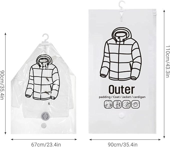 6PCS Hanging Vacuum Storage Bags, Transparent Thick Space Saver Bags, Reusable Compressed for Suits, Dress, Jackets, Vacuum for Clothes
