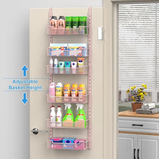 VyGrow 12.3" W Narrow Over the Door Pantry Organizer, 6-Tier Over the Door Organizer with Adjustable Basket, Pantry Door Organization for Pantry Kitchen Storage Room Spice Rack, Pink