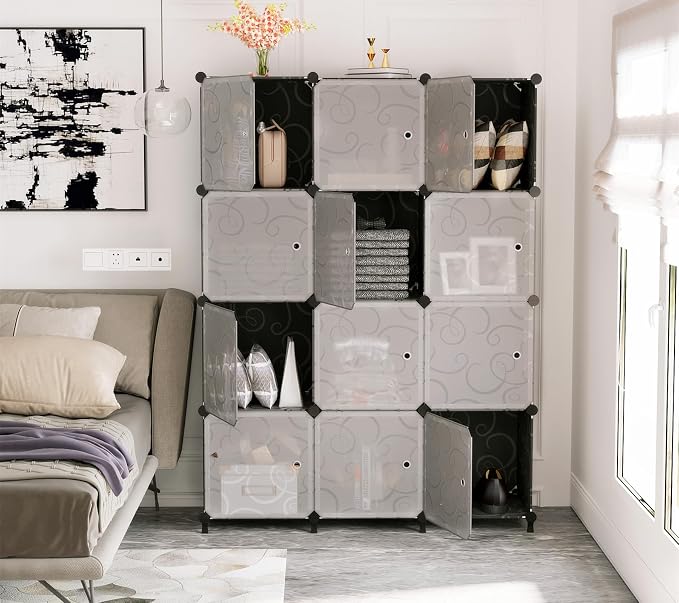 AWTATOS 12 Cube Storage Organizer, Closet Storage Shelves with Doors, Black | Portable Closet Organizers, DIY Stackable Storage Cube Shelf, Plastic Clothes Organizer Shelving for Bedroom, Home Office