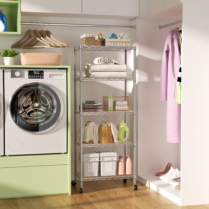 SINGAYE 5 Shelves Storage Wire Shelf Closet Metal Shelving Pantry Wheels | Shelf Bathroom Organizers Metal Kitchen Garage Shelving Unit Laundry Room Organization Home Rack Net Basket with Wheels