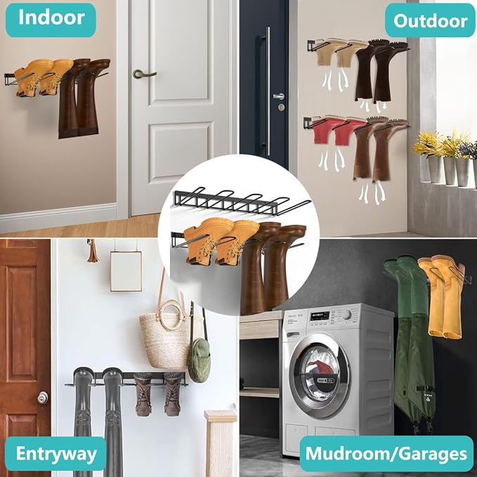 Boot Rack - 4-Pair Wader Hangers Wall Mount Sturdy Metal Cowboy Boot Hangers - Wall Boots Holder Storage Organizer for Closet, Entryway, Indoor, Garage