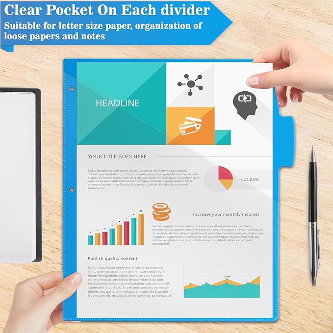 V-Opitos 5-tab Index Dividers with 3 Holes Punched, Set of 3 Plastic Dividers with Clear Front Pocket, Multicolor Dividers for 3 Ring Binders, 15 Pcs Dividers for School & Office Supplies