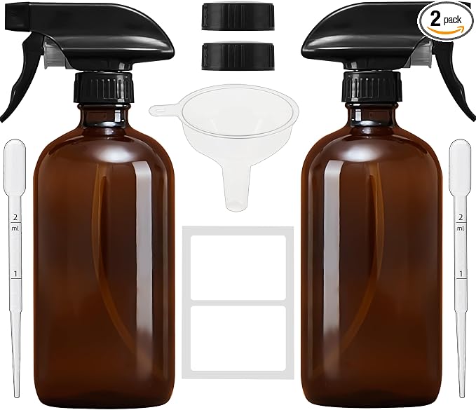 Amber Glass Spray Bottles 16 oz, Adjustable Nozzle, 2 Pack | For Cleaning, Essential Oils, Plants, Hair Mister, Room Sprays