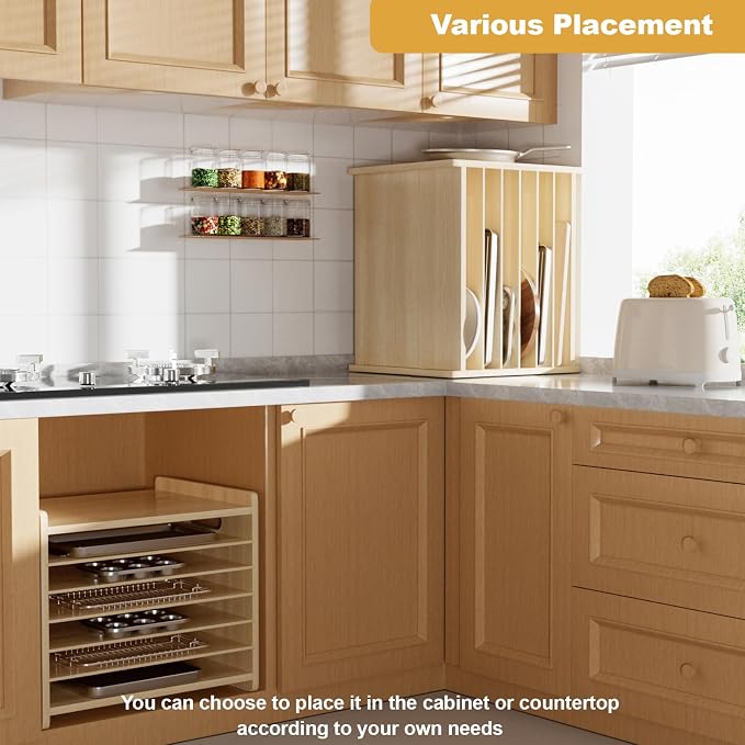 7 Tier Wooden Tray Dividers for Cabinets Cookie Sheet Organizer for Pot, Pans, Baking Tray Organizer for Kitchen Documents Storage(20" W x 16.5" H x 15.2" D)