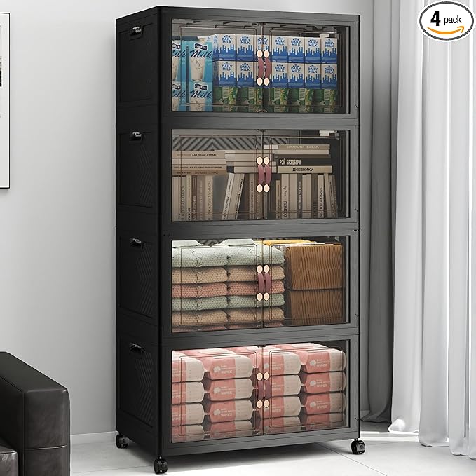 Stackable Storage Bins with Lids, Collapsible Storage Boxes, Foldable Plastic Storage Drawers for Bedroom,Office, Dorm (4, Black, L)