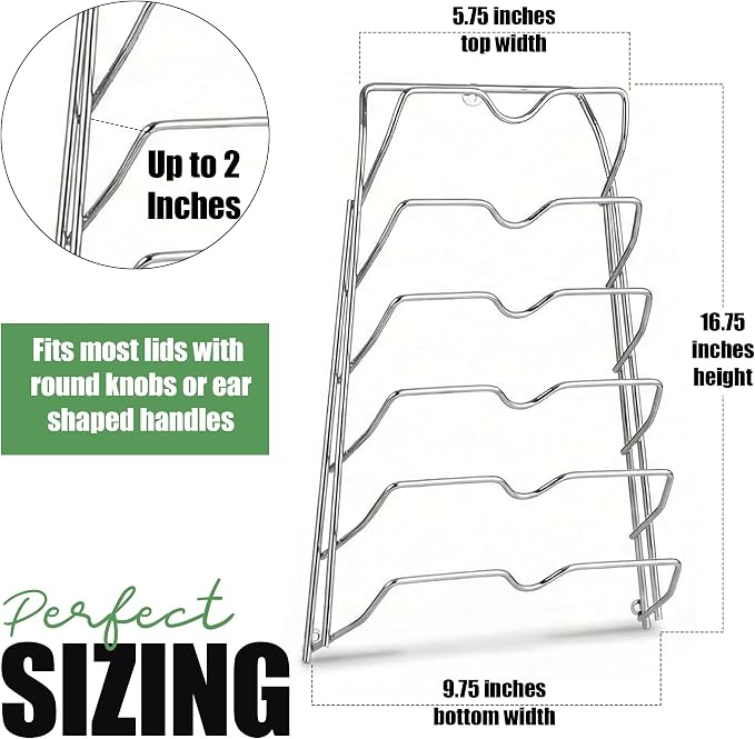 Evelots 6-Tier Pot Lid Organizer for Cabinet Door or Pantry Wall, 6-Slot Pots and Pans Lid Holder Rack, Kitchen Cabinet Storage Organizer for Glass & Metal Pan Covers, Chrome Finish, 1 Pack