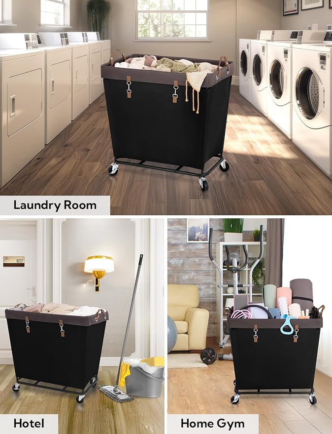 StorageWorks Laundry Basket with Wheels for Clothes, 320L Black Hamper Cart