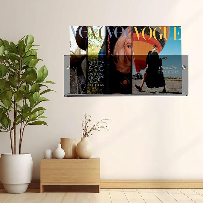 2-Pack Black Acrylic Magazine Holder Brochure Holder, 24 Inch Hanging Magazine Rack with Hardware, Floating Bookshelf Brochure Display Organizer for Home, Office, Reception Area