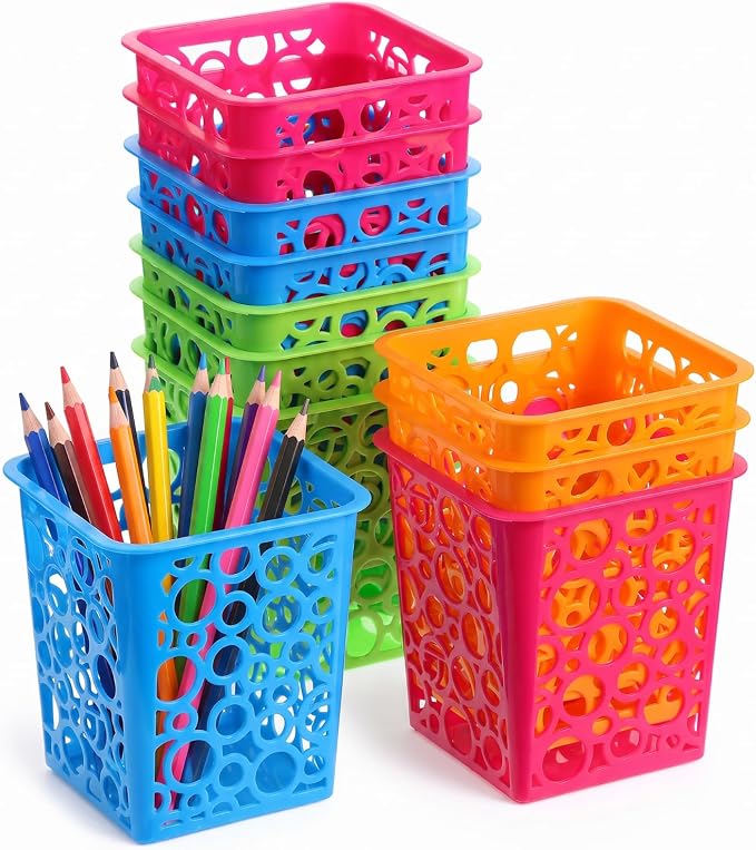 Chinco 12 Pcs Plastic Pencil Holder Cups for Classroom Desk, 4 Colors | 12-pack Plastic Pencil Holder Cups, Classroom Desk Organizer, Teacher Supplies, Markers Crayons Erasers, 4 Bright Colors