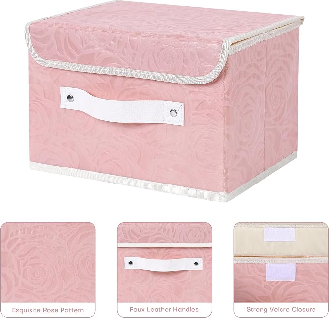 ANMINY 2PCS Fabric Storage Bin with Lid Rose Print Storage Box Basket with PU Leather Handles Washable PP Plastic Board Decorative Foldable Lidded Shelf Closet Organizer Container - Pink, Medium