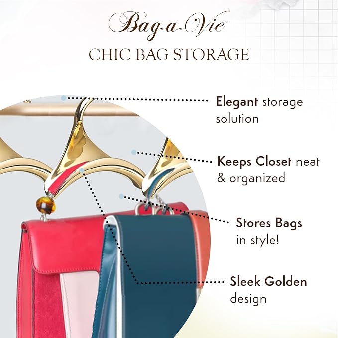 Bag-a-Vie Gold Metal Hangers Combo Pack 6 (3 Purse Hangers + 3 Clothes Hangers) Closet Organizer Set for Handbags, Coats & Suits