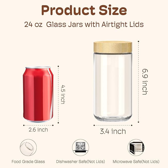 24 oz Glass Overnight Oats Containers, Mason Jars with Bamboo Lids, 6 Pack | Airtight Seal Keeps Leakproof, Wide Mouth for Easy Filling & Cleaning, Ideal for Chia Pudding, Yogurt Parfaits & Meal Prep