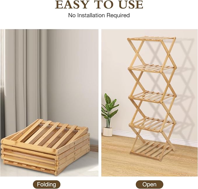 Bamboo Shoe Rack 5 Tier Foldable Shoe Rack for Entryway | Narrow Vertical Shoe Organizer Free Standing Shelf, Multifunctional Slim Storage for Bedrooms Living Room Corner, Wood Color