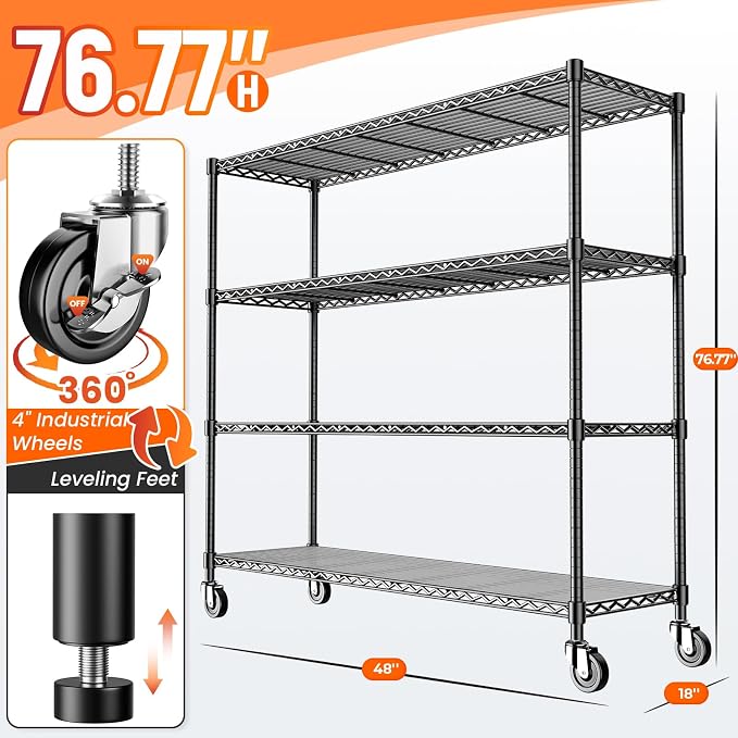48" W Storage Shelves 1500LBS Metal Shelving Unit with Wheels, Adjustable Garage Shelving Heavy Duty Wire Rack with Liners for Pantry Warehouse Commercial Office, 48" W x 18" D x 76.77" H