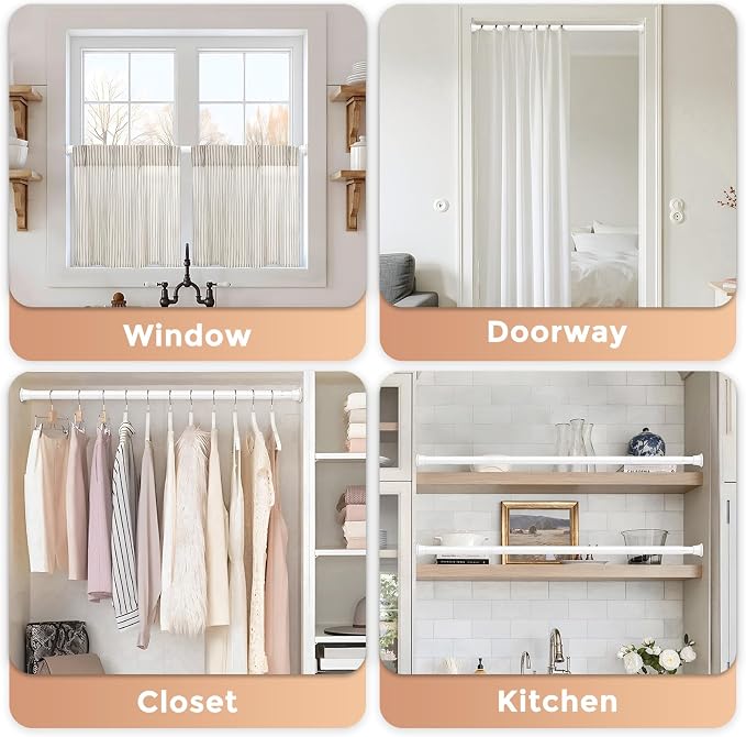 1 Pack Spring Tension Curtain Rods 24-46 Inches, Spring Loaded Curtain Rods No Drilling, Adjustable Expandable Tension Rod for Window Doorway Doorway Kitchen Curtain Bedroom Closet, White
