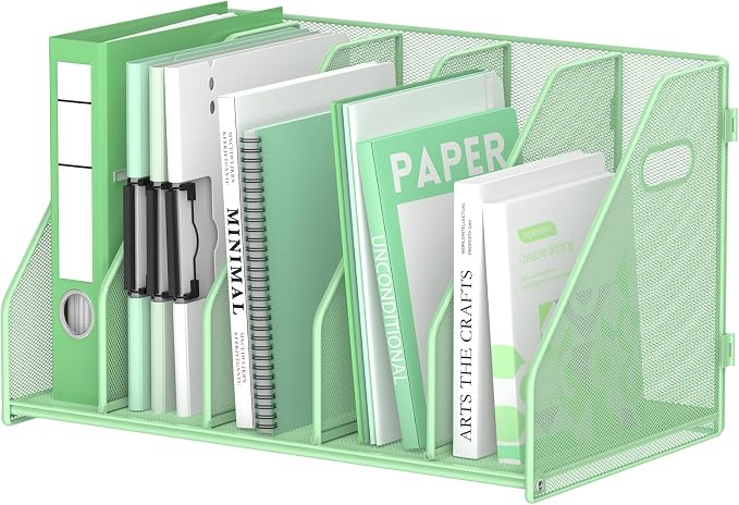 SUPEASY Binder Organizer, Magazine File Holder with 5 Vertical Compartments Rack, Metal Desk File Organizer & Binder Holders, Magazine Organizers for Office Desktop, Home, School (Green)
