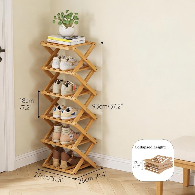 Vertical Narrow Shoe Rack, 6 Tier Portable Folding Shoe Storage Rack, Without Installation Free Standing Shoe Rack for Corridors, Bedrooms Living Room Corner and Small Spaces (6 Tier)