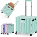 Folding Utility Cart with Lid, Portable Rolling Crate Handcart Collapsible Shopping Trolley, Durable Plastic Foldable Tool Basket with 4 Rotate Wheels for Grocery, Office, Luggage, School - Cyan