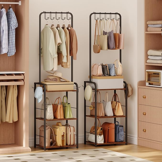 Floor-Standing Purse Organizer for Closet with 5 Hangers & 6 Side Hooks, Tall Purse Rack Stand for Purse Storage, High-Capacity Handbag Organizer, Multi-Purpose Purse Storage Organizer for Small Place