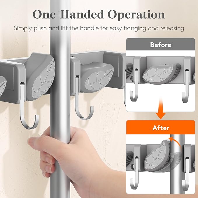 Lifewit Broom and Mop Holder Wall Mount, Non-Slip Cleaning Tool Hanger Organizer with 6 Hooks 5 Slots, Heavy Duty Hanging Broom Utility Rack for Kitchen, Garden, Garage, Laundry, 1 Pack, Gray