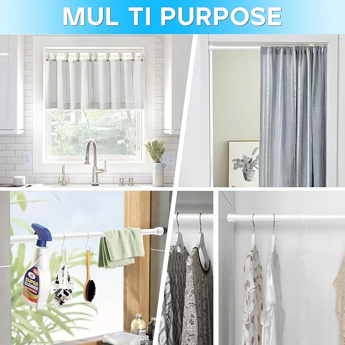 Spring Tension Curtain Rods 26-39 Inch White 2 Pack | No-drill & tool-free setup. Fits windows, kitchens, doorways. Rust-resistant, great for light curtains.