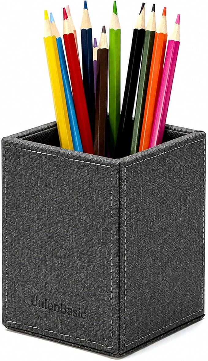 UnionBasic Square Pen Holder, Faux Leather Pencil Cup, Desktop Caddy Stationery Organizer, Barry Grey | Faux Leather, Pencil Cup, Desktop Caddy, Stationery Organizer