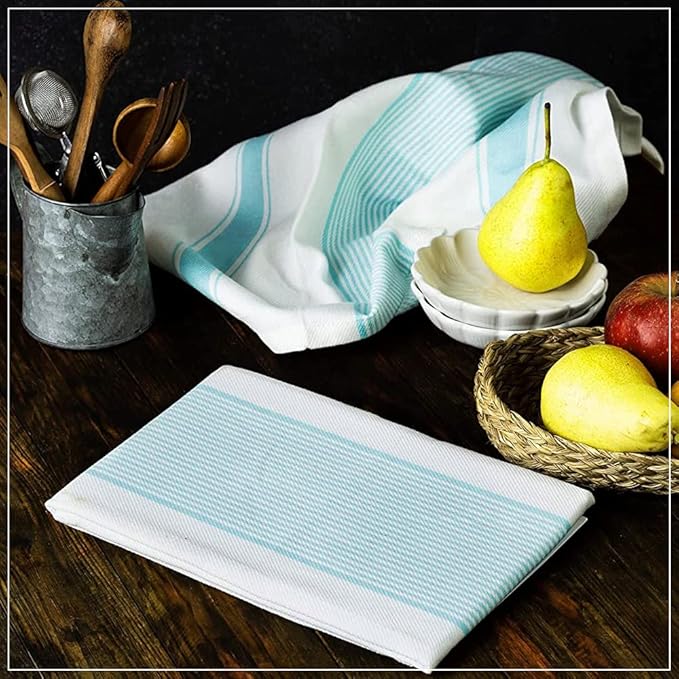 Stripe Kitchen Towels Decor Hanging Loop Dish Towels Boho Stripe Absorbent Festive Gift Set of 6 Pantry Kitchen Reversible 18x28 in Dish Towels|Vintage Farmhouse Style|Turquoise