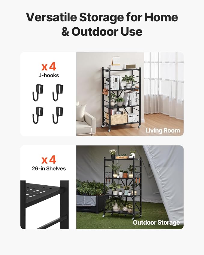 VEVOR 4-Tier Foldable Storage Shelf, 26W x 13D x 46H Inch Folding Metal Rack Shelving Unit, No Assembly Organizer Shelf with 5 Wheels & 4 Hooks for Pantry, Kitchen, Garage, Basement, Black
