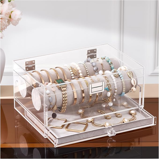 Lolalet Acrylic Bracelet Organizer Box -with Drawer | Clear Jewelry Display Holder for Bracelets, Bangles & Watches, Great Gift for Women on Birthdays, Valentine's Day