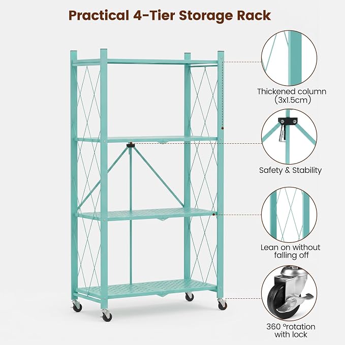 ALANNG 4 Tier Folding Storage Shelf on Wheels,Heavy Duty Metal Rolling Cart | 264 lbs Capacity, No Tools Assembly, Folds to 3.9", Lockable Casters, Portable for Kitchen Laundry Garage