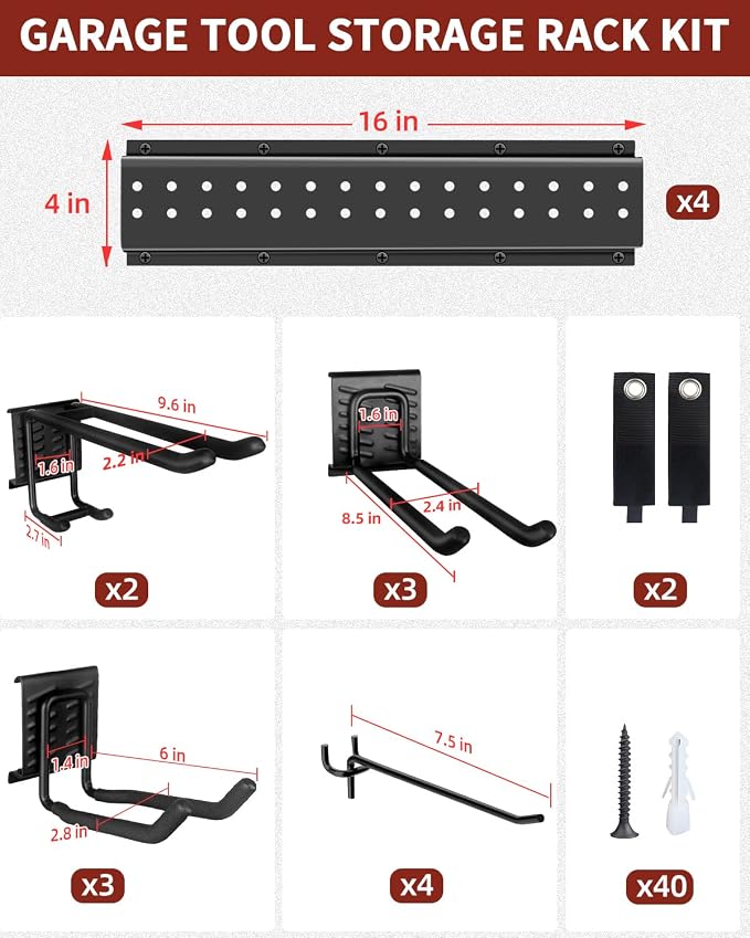 Garage Tool Organizer Wall Mount, 64in Tool Rack, 560LBS Capacity | Solid Steel, 12 Hooks in 4 Types, Rustproof Waterproof, Soft Anti-Scratch Hooks, With Storage Straps, For Garden Tool Storage