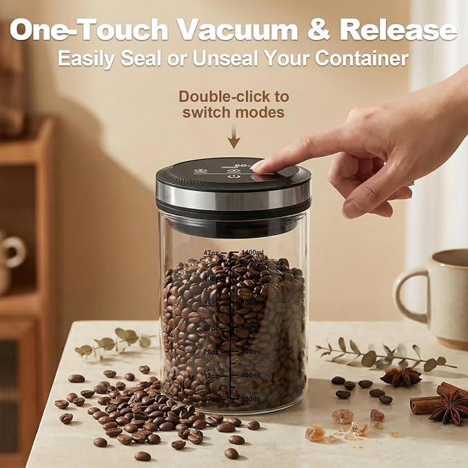 Vacuum Coffee Canister, 1.6L Large Capacity Airtight Coffee Container with Graduated Scale and Vacuum Duration Display. Features Transparent Borosilicate Glass Construction