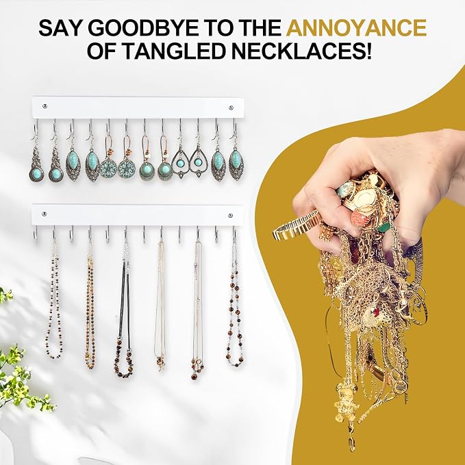 Dntorx Hanging Jewelry Organizer, 2 Pack Necklace Holder for Wall Wooden White Necklace Organizer Hangers Wall Mount with 24 Hooks Jewelry Display Hangers for Necklaces, Bracelets, Earrings, Keys
