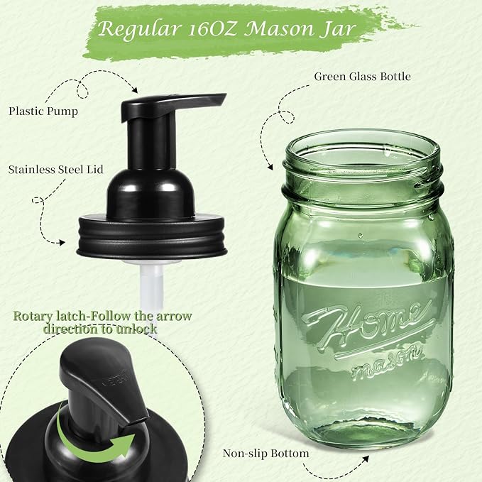 Amolliar 16OZ Green Glass Mason Jar Foaming Soap Dispenser, Plastic Pump & Stainless Steel Lid, Refillable Hand Soap Dispenser for Kitchen Bathroom, Farmhouse Decor for Foaming Dish Soap, Black 2 Pack