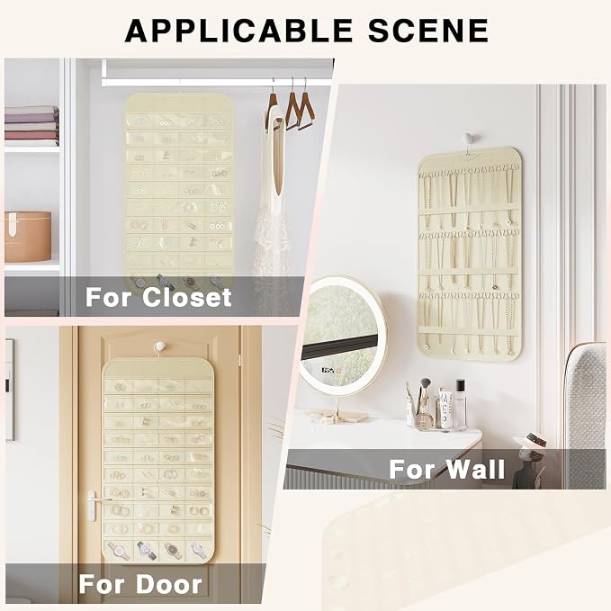 Double-Sided Hanging Jewelry Organizer for Necklaces Earrings, 2-Pack Beige | Foldable 36 hooks & 40 clear pockets; swivel hook fits walls, doors & rods for earrings, bracelets, rings & small jewelry