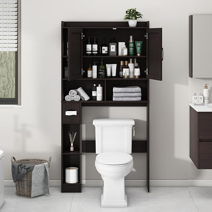 Vabches Over The Toilet Storage Cabinet with 2 Barn Doors, Espresso | Farmhouse Storage Cabinet with Toilet Paper Holder Stand，Home Space-Saving Toilet Rack, for Bathroom, Restroom, Laundry