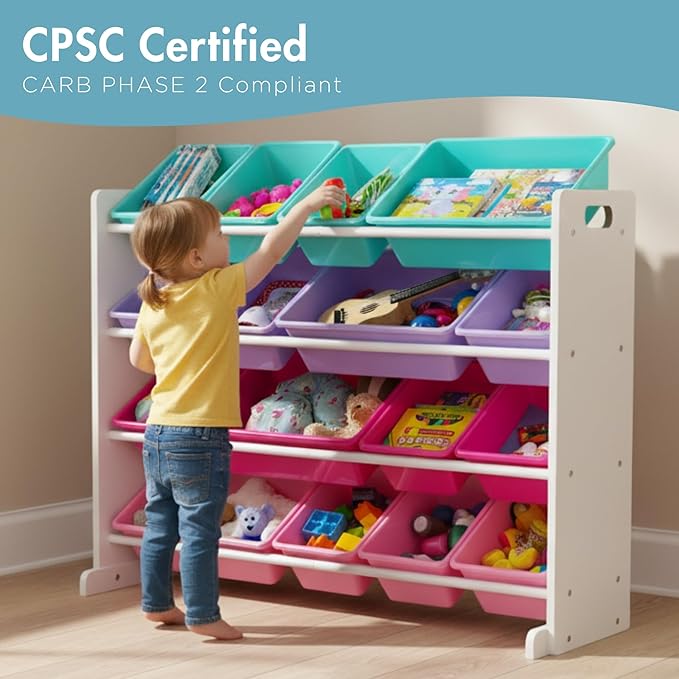 Humble Crew Toy Storage Organizer with 16 Removable Storage Bins for Kids Playroom, 4-Tier Toddler Toy Organization and Storage, White/Blue/Pink/Purple