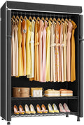 ULIFHOME H5C Plus Clothes Rack with Cover, Portable Closet for Hanging Clothes, Covered Clothing Racks Heavy Duty, Garment Racks with Shelves, Max Load 370LBS, Black Closet Rack with Black Cover
