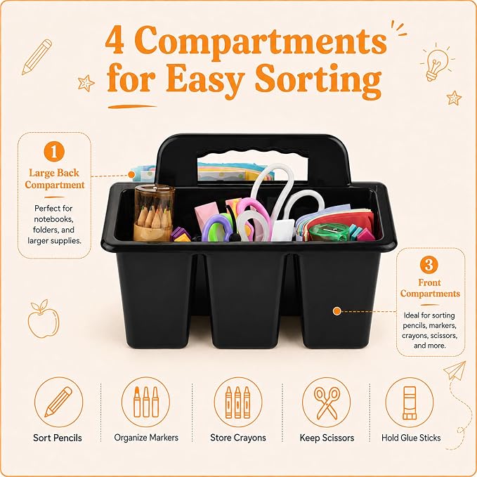 Classroom Caddy with Safe Handle, 6 Pack Plastic Organizer with 4 Compartments, Teacher & Kids Supply Caddy for Crayons, Markers, Desk, Cleaning & Bathroom Storage (Black)