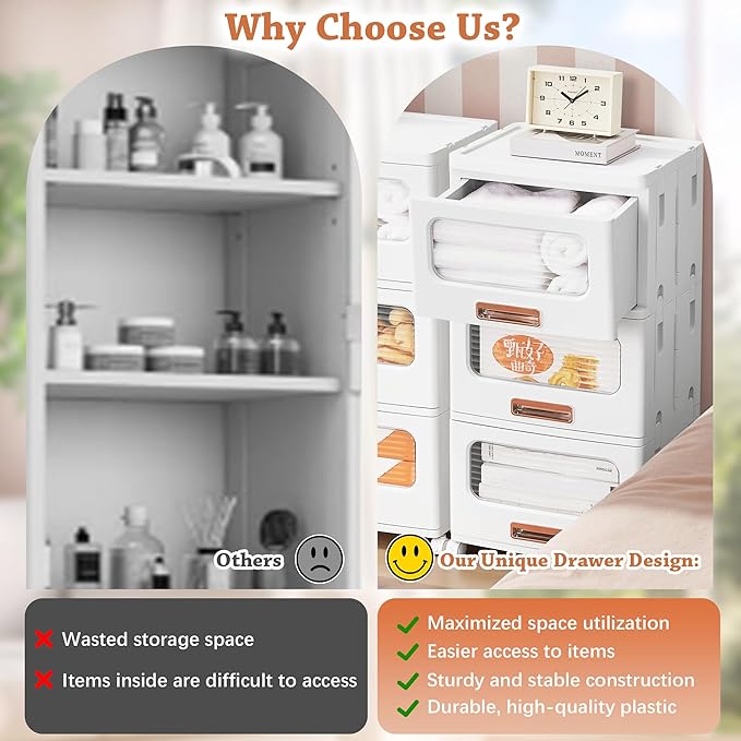 VECELO Storage Cabinet with Drawer, Pull-Out Stackable Bins with Wheels, Waterproof Modular Organizer, Multi-Tier Closet Storage for Bedroom, Living Room & Bathroom, Medium 3-Tier