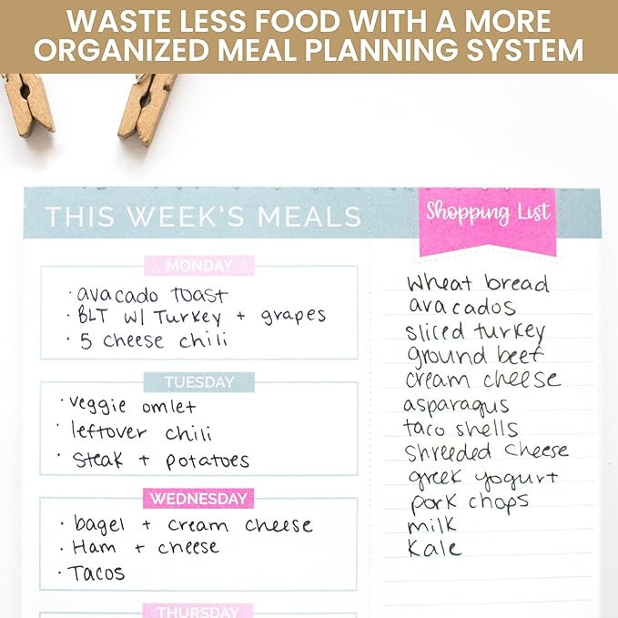 bloom daily planners Weekly Meal Planning Pad - Magnetic Hanging Refrigerator Menu Planner with Tear-Off Sheets & Perforated Grocery Shopping Lists - 6” x 9” (Pink & Teal)