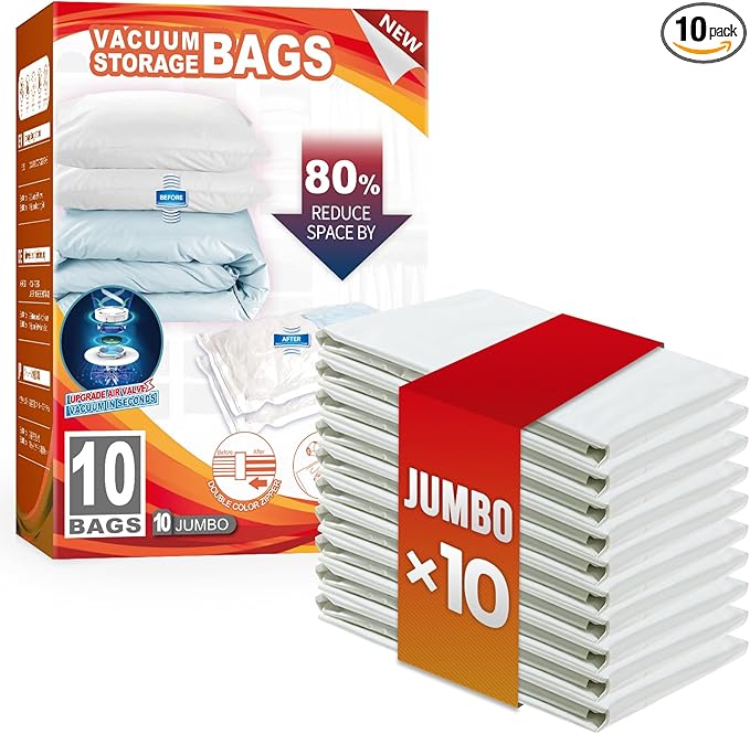 TAILI 10 Pack Vacuum Storage Bags, Jumbo Vacuum Seal Bags for Clothing (40x31 Inch), Space Saver for Bulky Bedding, Pillows, Blankets, Large Closet Organization and Storage