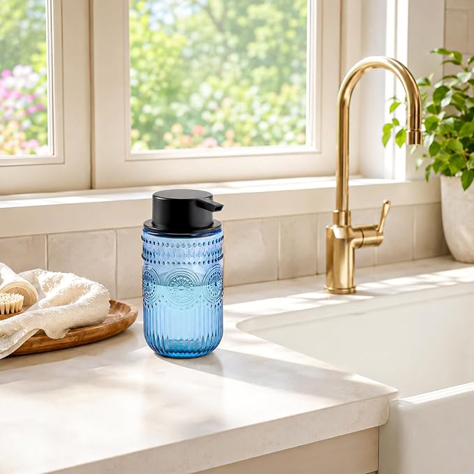 Glass Foaming Hand Soap Dispenser, 13.8 oz Kitchen Dish Soap Dispenser with Black Foam Pump,Blue Foam Soap Dispenser for Bathroom Decor