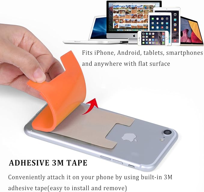 3Pack Cell Phone Card Holder Pocket for Back of Phone,Silicone Stick on Wallet Credit Card ID Case Sleeve Self Adhesive Sticker for iPhone 15 14 13 12 Pro Max,iPad,Samsung Galaxy-Purple,Green,Orange